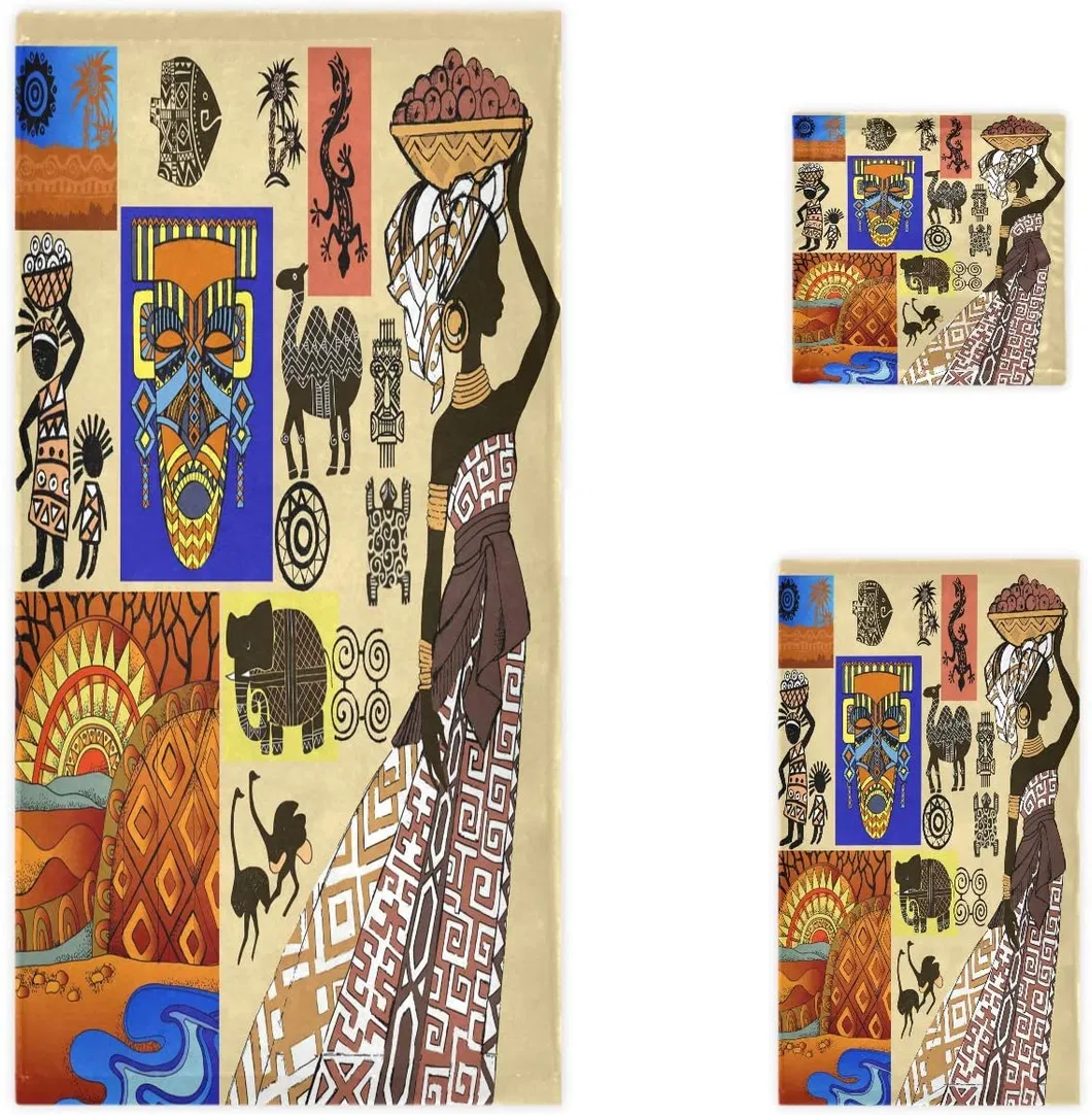African Totems Style Vintage Pattern Bath Towel Hand Towel Washcloth, Multipurpose for Bathroom, Hotel, Gym, SPA and Kitchen