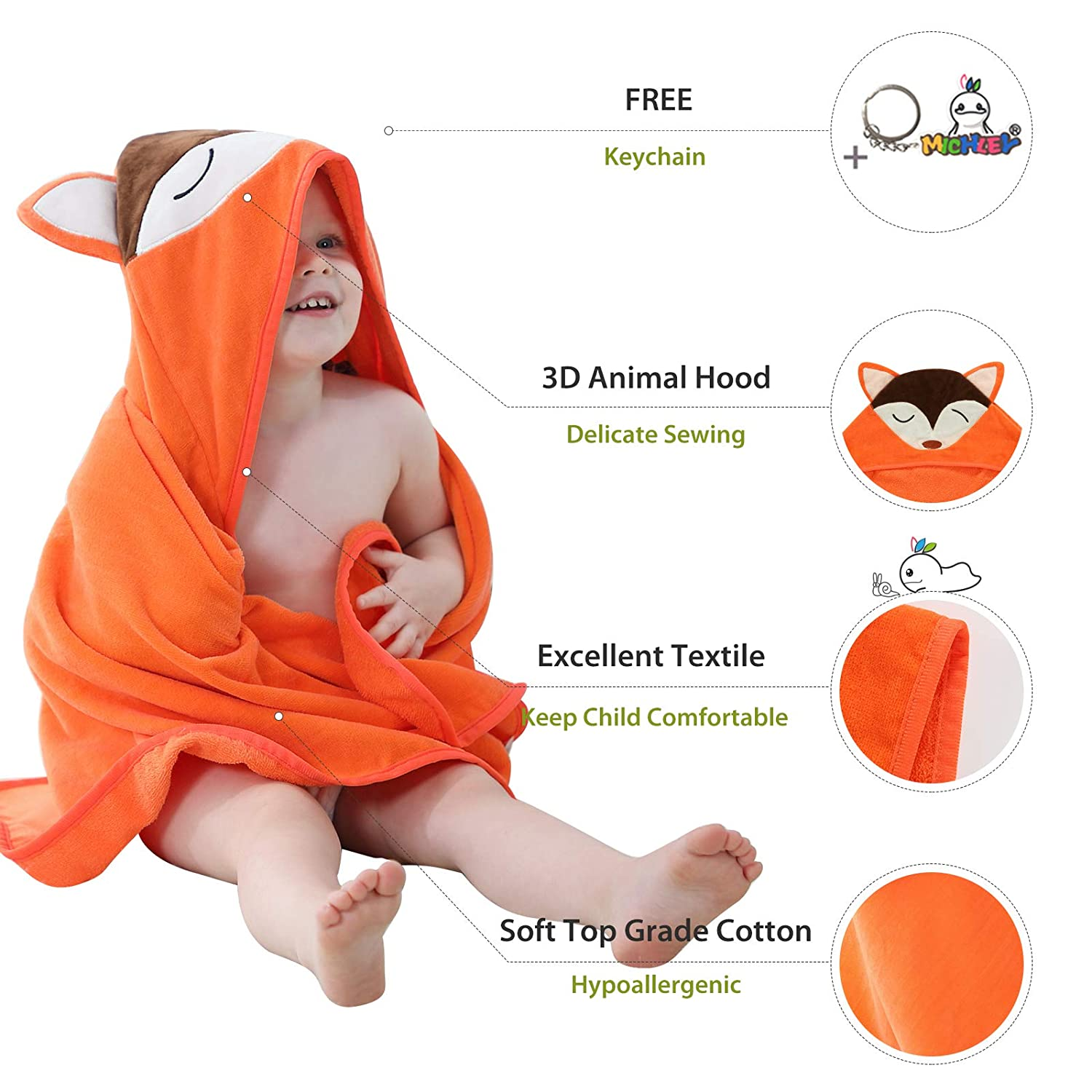 Animal Hooded Baby Towel Washcloth, Toddler Premium Cotton Absorbent Bathrobe for Girls Boys 0-6t (Fox)