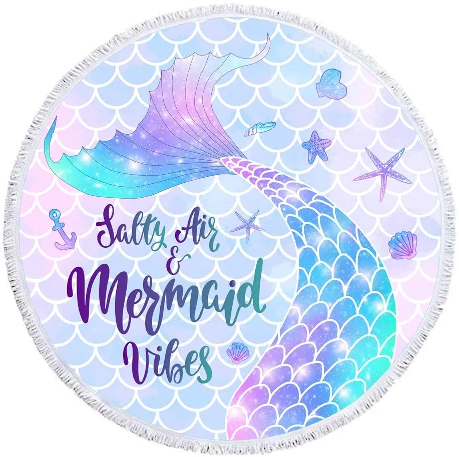 Bonsai Tree Mermaid Beach Towel, Mermaid Tail Large Round Beach Towel with Tassels, Mermaid Scales Beach Blanket Sand Proof Oversized Gifts for Women Girls