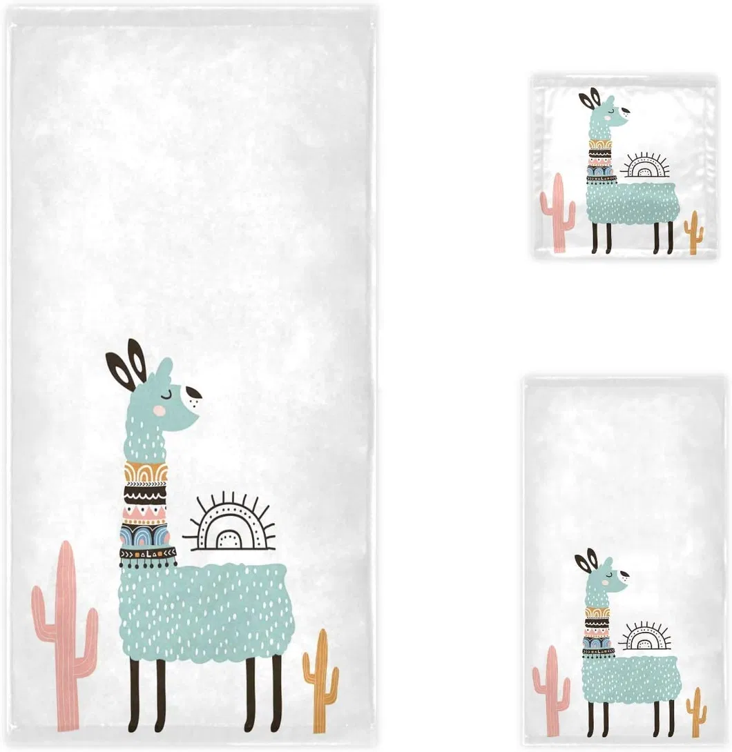 Cute Cartoon Llama Cactus Tribal Style Soft Decorative Bath Hand Towels Washcloth Multipurpose for Bathroom, Hotel, Gym, SPA and Beach