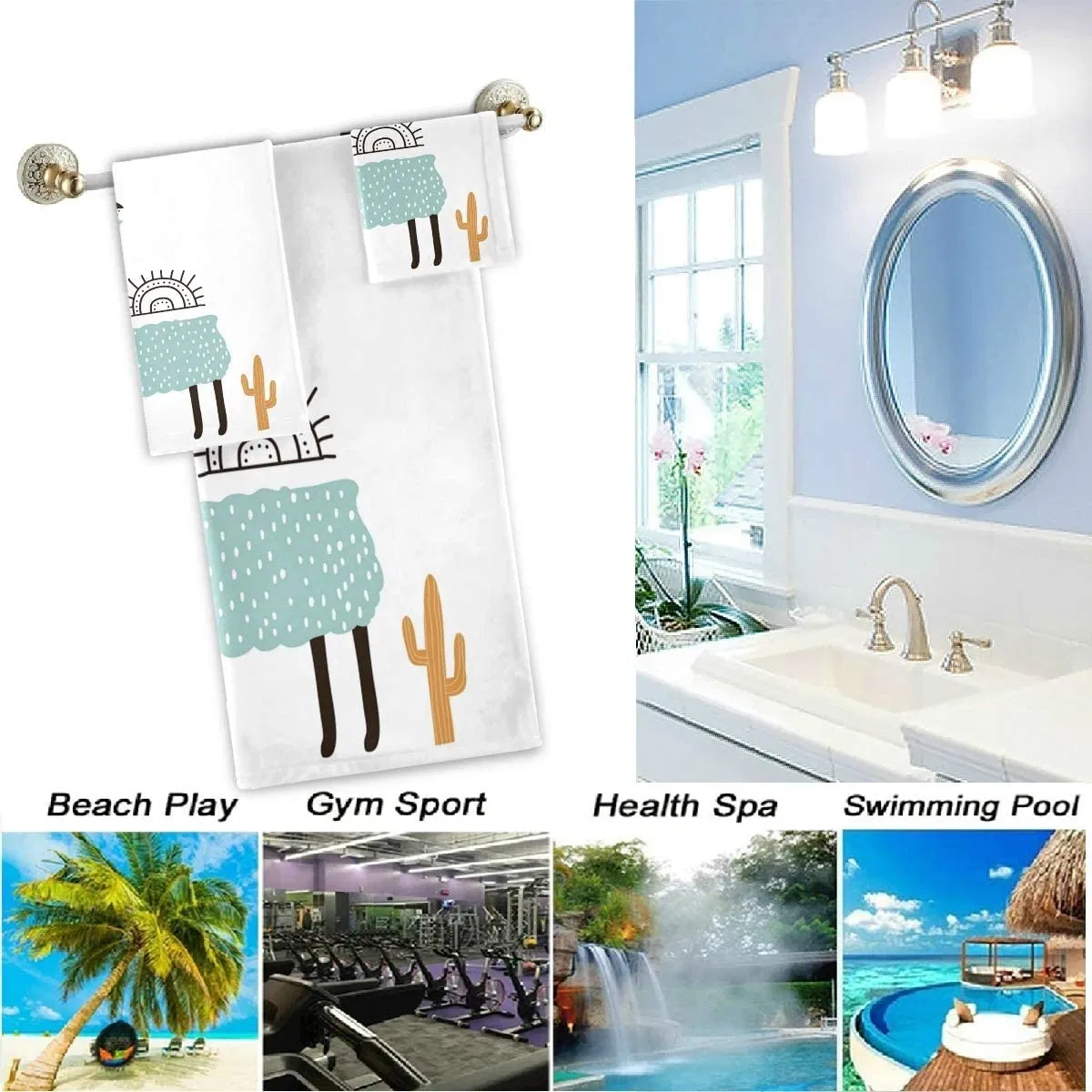Cute Cartoon Llama Cactus Tribal Style Soft Decorative Bath Hand Towels Washcloth Multipurpose for Bathroom, Hotel, Gym, SPA and Beach