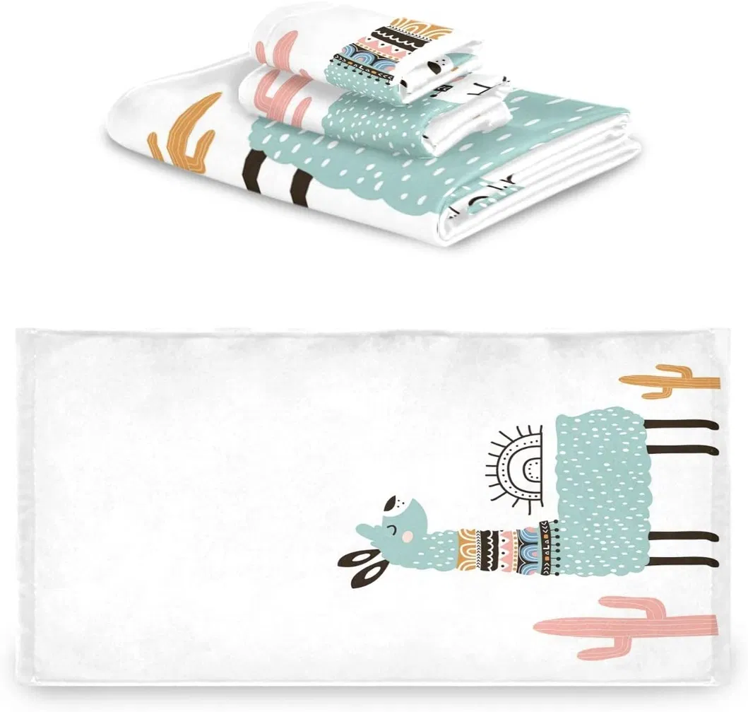 Cute Cartoon Llama Cactus Tribal Style Soft Decorative Bath Hand Towels Washcloth Multipurpose for Bathroom, Hotel, Gym, SPA and Beach