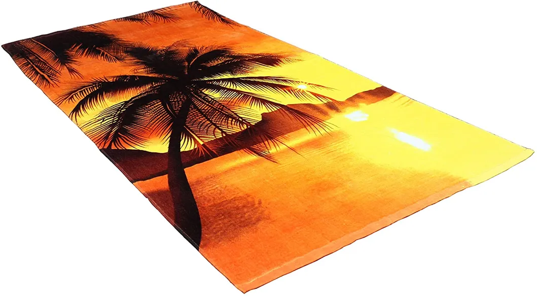 Fashion Colorful Terry Cotton Beach Towel, 30X60", Soft Absorbent and Dry Fast for Swimming Pool, Beach and SPA-Sunset Palm Trees
