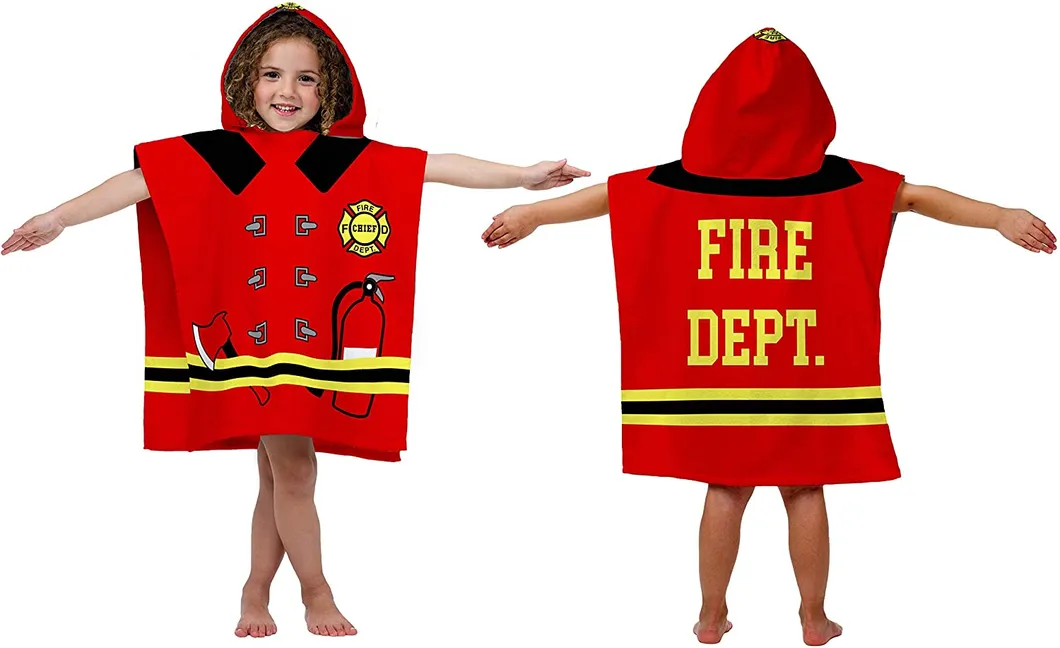 Fire Fighter Kids Bath/Pool/Beach Hooded Poncho Towel - Super Soft & Absorbent Cotton Towel, Measures 22 Inch X 22 Inch