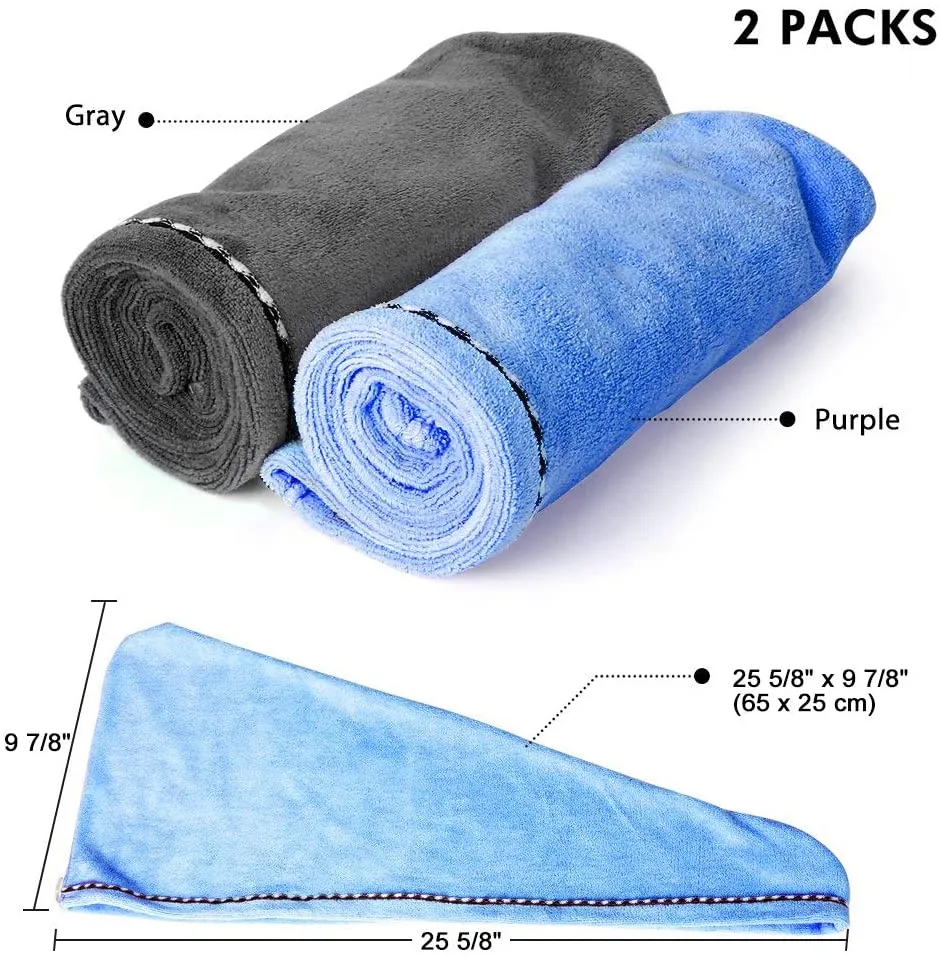 Hair Towel Wrap Turban Microfiber Hair Drying Towels, 2 Pack Super Absorbent Magic Hair Dry Hat Cap Twist Head Towel with Button for Women Girls Long