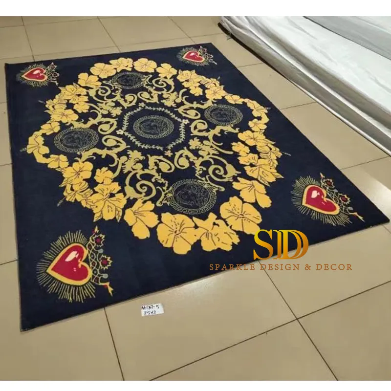 High Class Luxury Round Black and Golden Printed Versace Carpet Design Versace Medusa Rug for Sale