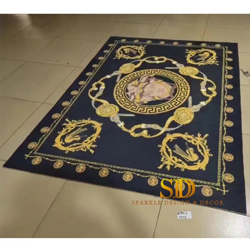 High Class Luxury Round Black and Golden Printed Versace Carpet Design Versace Medusa Rug for Sale