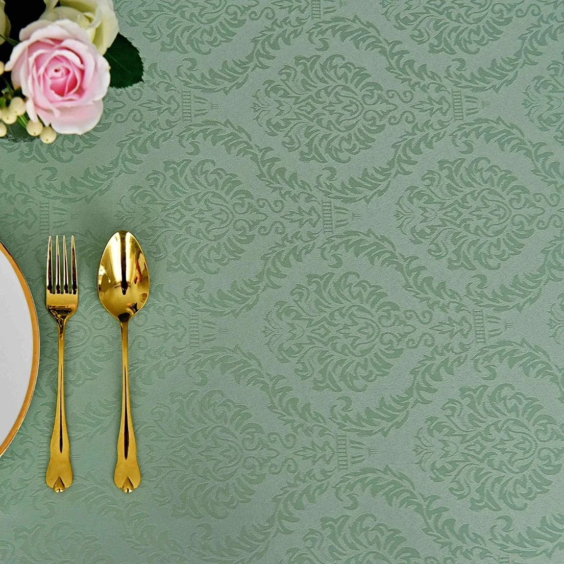 Jacquard Tablecloth Damask Design Water Resistance Antiwrinkle Oil Proof Table Cloth for Buffet Banquet Parties, Green