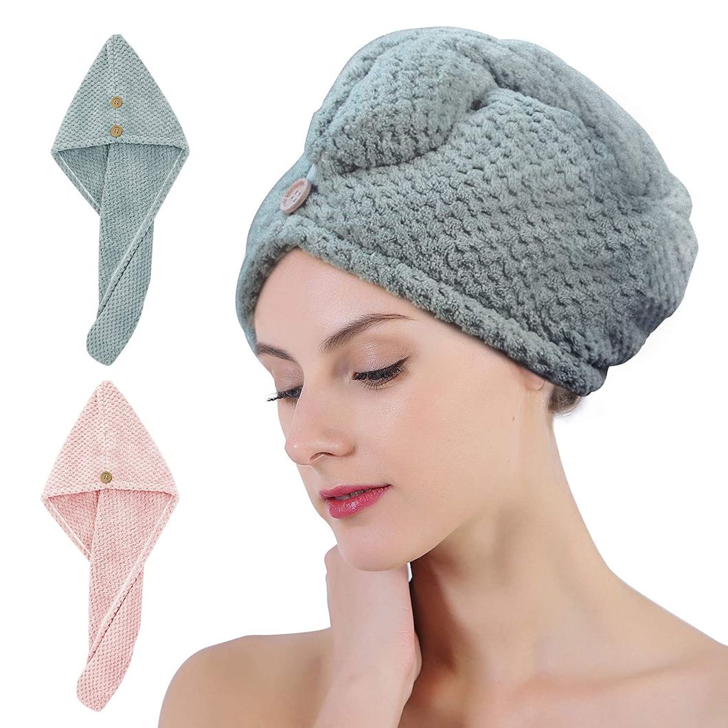 Microfiber Hair Towel Wrap, Rapid Drying Shower Cap, Super Absorbent Dry Hair Hat Turban with Buttons for Women Wet/Long/Curly/Thick Hair, 10 Inch X 26 Inch