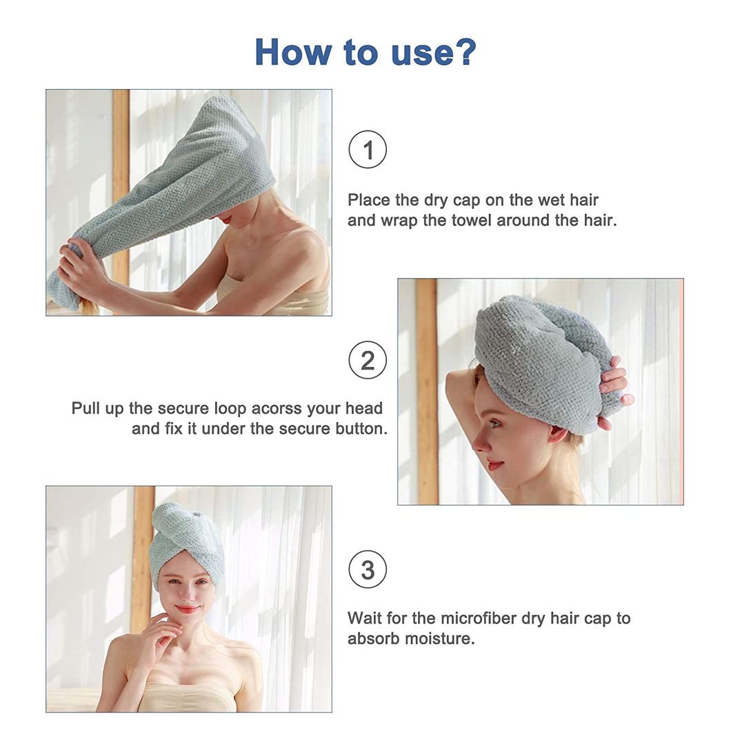 Microfiber Hair Towel Wrap, Rapid Drying Shower Cap, Super Absorbent Dry Hair Hat Turban with Buttons for Women Wet/Long/Curly/Thick Hair, 10 Inch X 26 Inch