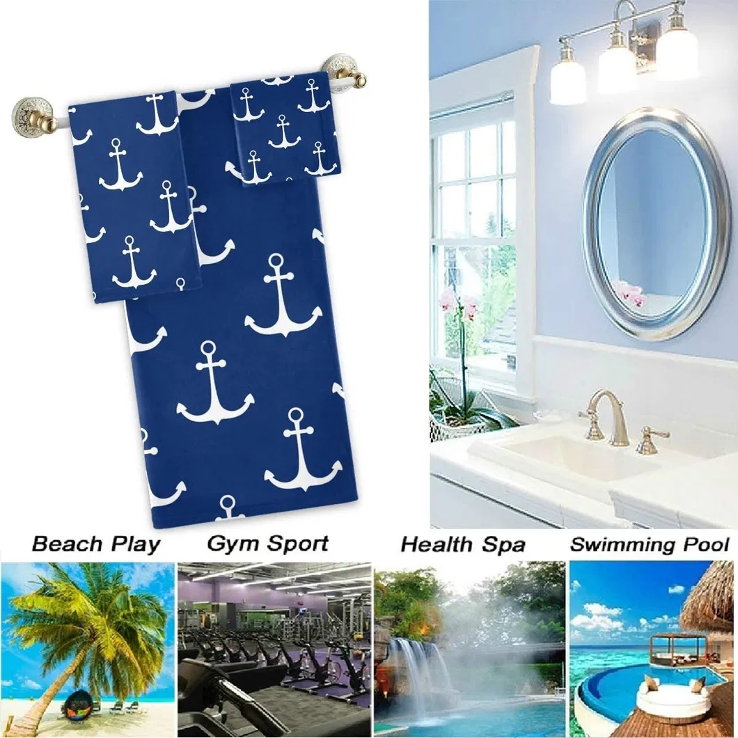 Nautical White Anchor Pattern Soft Luxury Decorative Bath Hand Towelwashcloth, Multipurpose for Bathroom, Hotel, Gym, SPA and Beach
