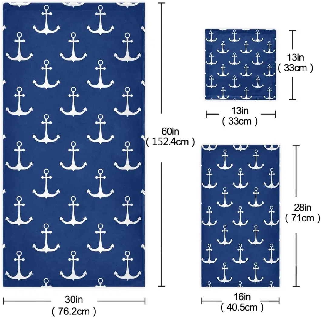 Nautical White Anchor Pattern Soft Luxury Decorative Bath Hand Towelwashcloth, Multipurpose for Bathroom, Hotel, Gym, SPA and Beach