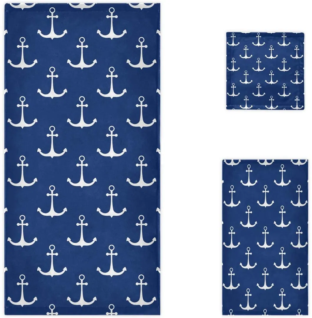 Nautical White Anchor Pattern Soft Luxury Decorative Bath Hand Towelwashcloth, Multipurpose for Bathroom, Hotel, Gym, SPA and Beach