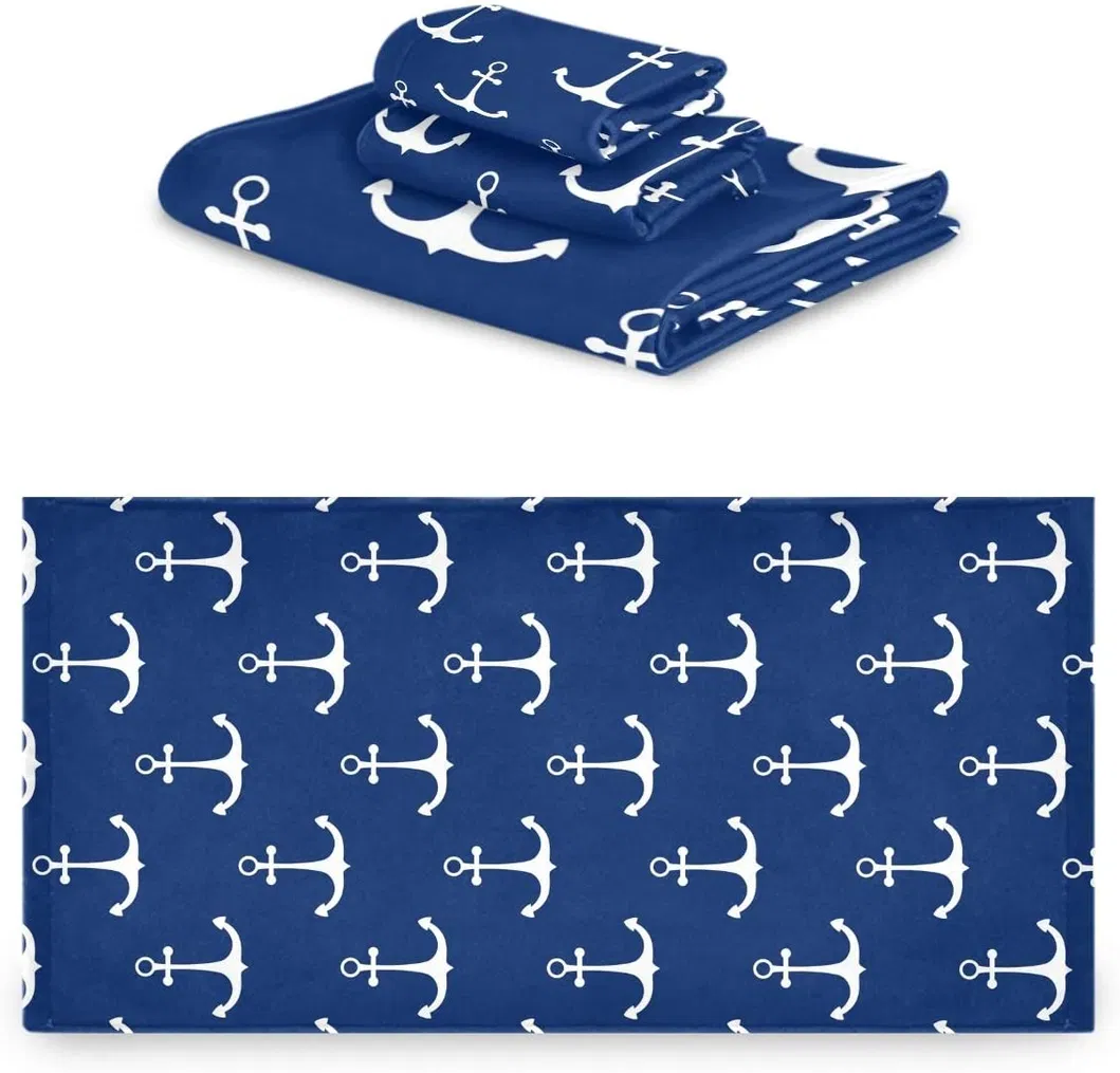 Nautical White Anchor Pattern Soft Luxury Decorative Bath Hand Towelwashcloth, Multipurpose for Bathroom, Hotel, Gym, SPA and Beach