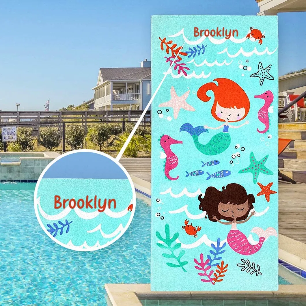Personalized Beach Towels for Kids, 100% Absorbent Cotton, 30′′ X 60′′, Custom Embroidered Name (Mermaid)