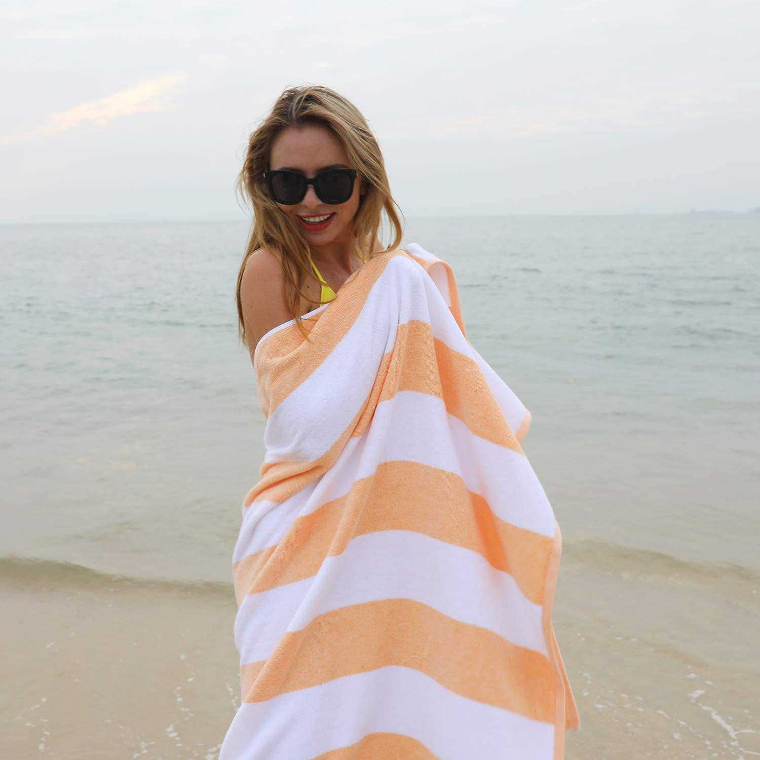 Plush Oversized Beach Towel - Bamboo Cotton 40 X 72 Inch Large Thick Orange Striped Cabana Pool Swimming Towel