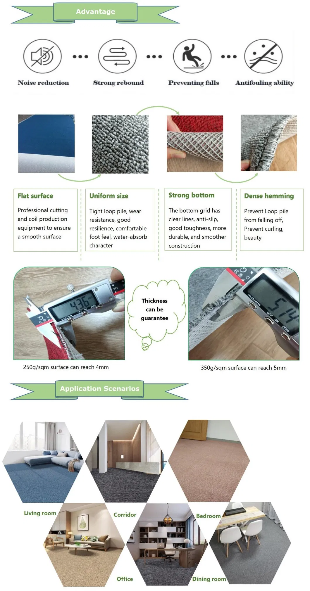 Pure Colour Resist Fatigue Loop Pile Net Backing PP Material Floor Carpet Rugs in Rolls for Commercial