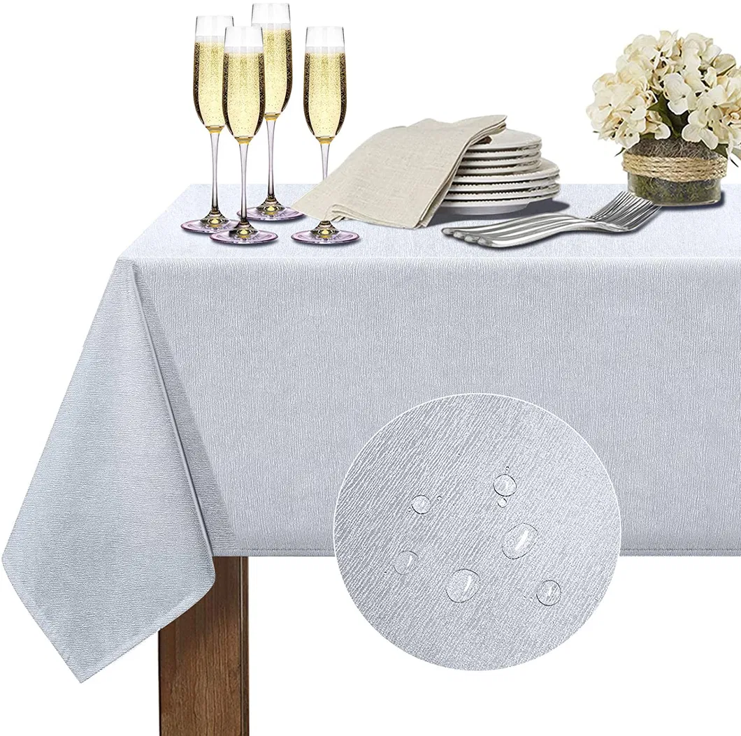 Rectangle Tablecloth Jacquard Bark Crepe Pattern Water Resistant Soft Polyester Table Cloth for Party Weddings Camping, Silver