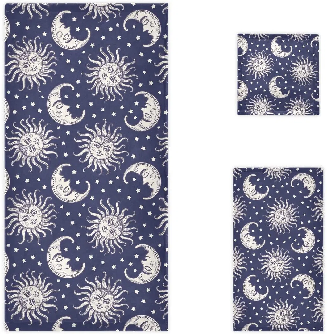 Stylish Boho Sun and Moon Stars Beach Bath Hand Face Towel 100% Cotton