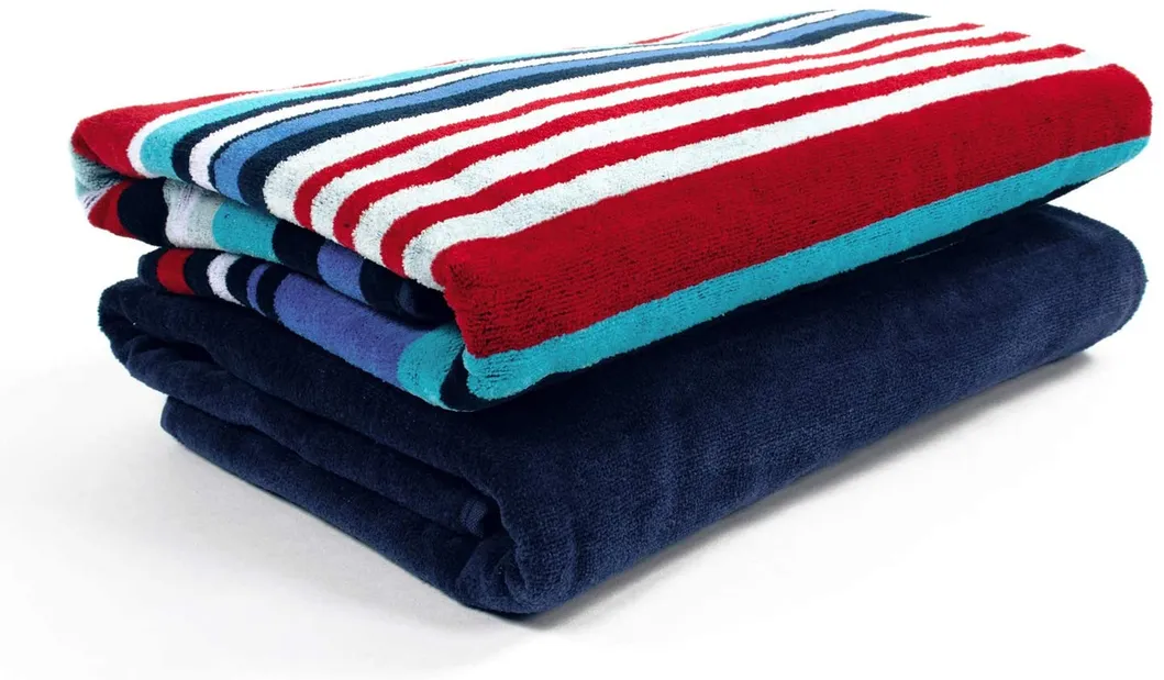 Superior 100% Cotton Nautical Stripes (Set of 2) Beach Towel - Navy Blue/Red
